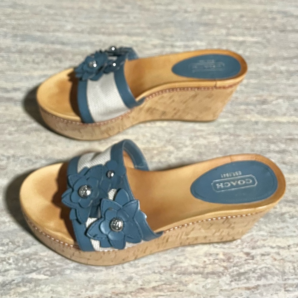 Coach JESACA Blue and Beige Wedge Sandals with Fliral Accents - Picture 3 of 16